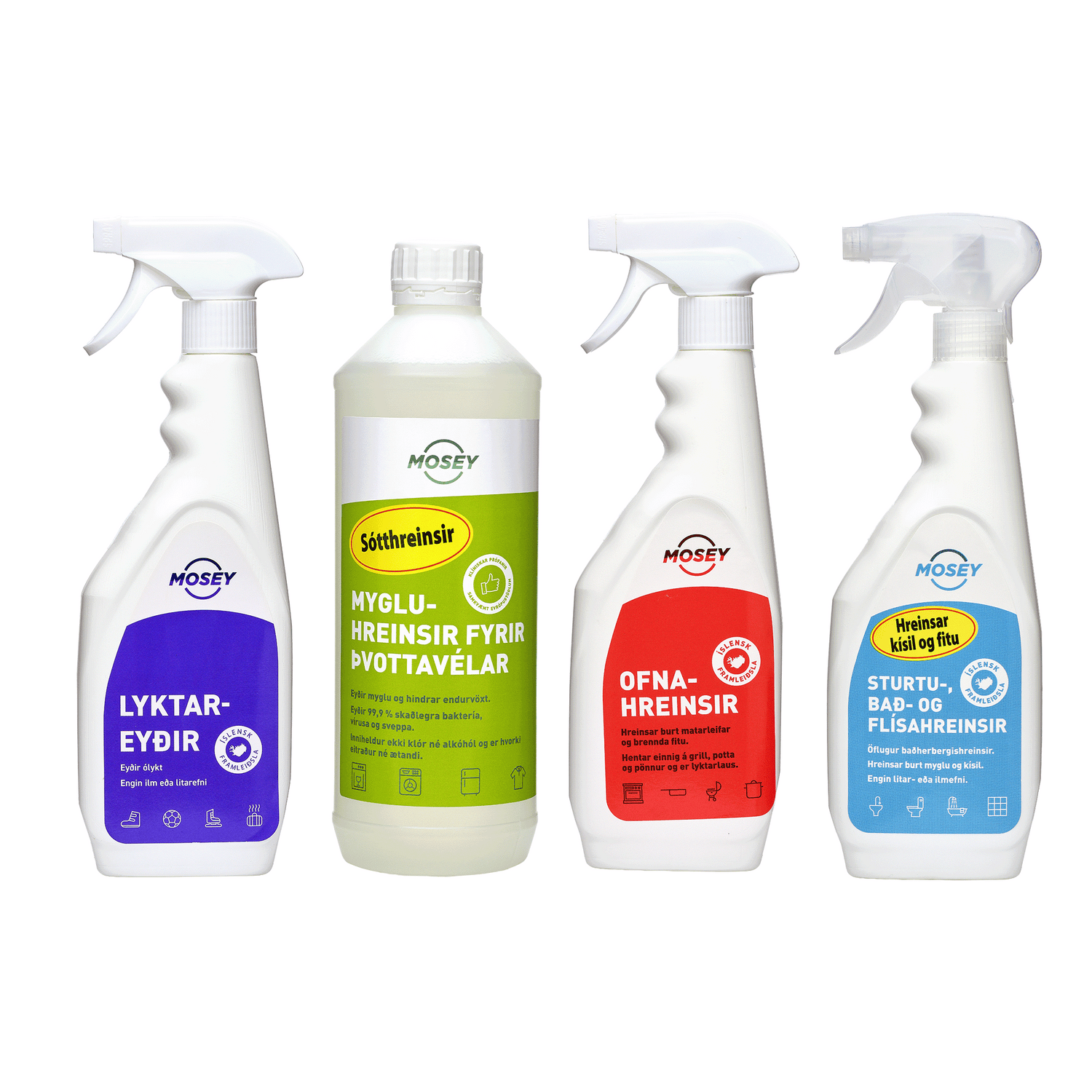 Mosey lyktareyðir í 500ml spreybrúsa, Mgluhreinsir fyrir þvottavélar í 1L brúsa, ofnahreinsir í 500ml spreybrúsa og sturtu, bað og flísahreinsir í 500ml spreybrúsa