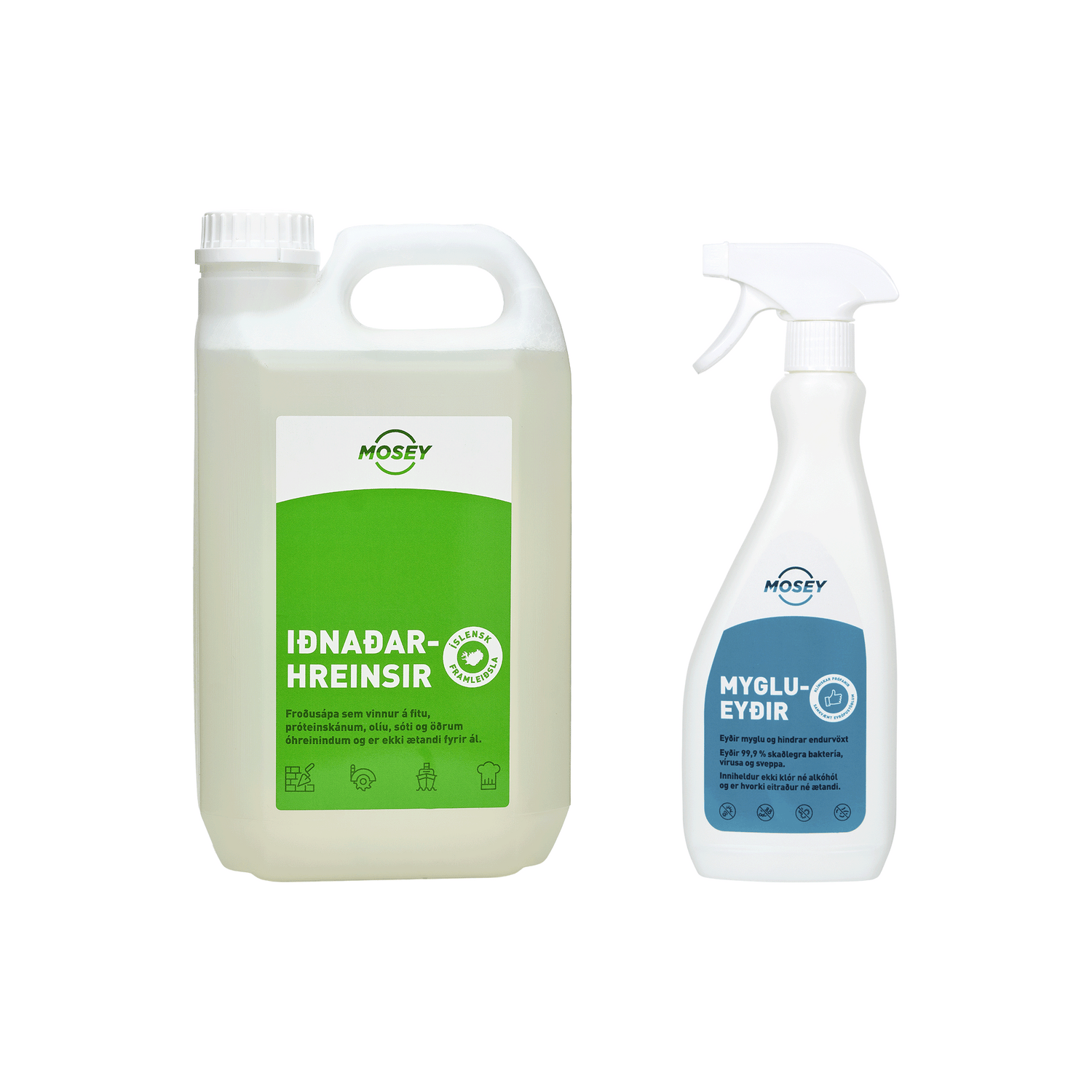 Mosey Iðnaðarhreinsir 2,5L brúsi og Mosey Myglueyðir 500ml spreybrúsi á hvítum bakgrunn