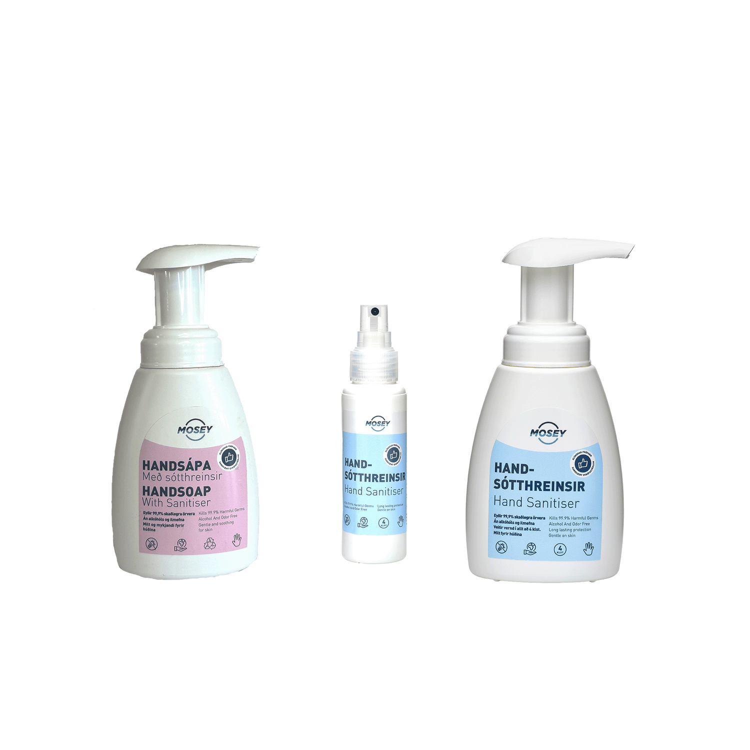Mosey handsápa í 250ml brúsa, handsótthreinsir með sprey í 100ml brúsa, handsótthreinsir í 250ml brúsa meðpumpu