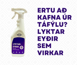 Hvítur spreybrúsi á hvítum bakgrunn. Á spreybrúsanum er fjólublár límmíði með textanum: Mosey lyktareyðir.
Við hliðina á spreybrúsanum er texti"Ertu að kafna úr táfýlu?Lyktareyðir sem virkar"