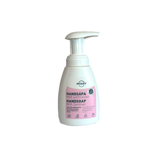 Mosey handsápa 250ml með pumpu á hvítum bakgrunn