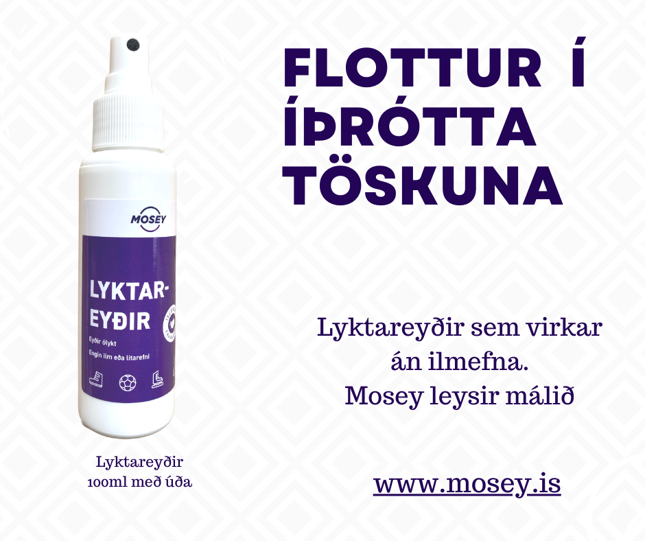Hvít 100ml spreyflaska sem á stendur "Lyktareyðir".
Við hliðina á flöskunni er textinn: "Flottur í íþróttatöskuna, lyktareyðir sem virkar án ilmefna, Mosey leysir málið, www.mosey.is.
Bakgrunnurinn er hvítur með smá munstri