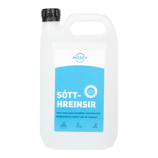Hvítur plastbrúsi með bláum límmiða.
Á miðanum stendur "Mosey Sóthreinsir fyrir heita potta og baðkör með loftnuddi"